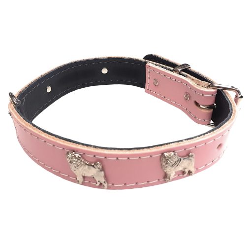 Baby Pink Leather Dog Collar with Pug