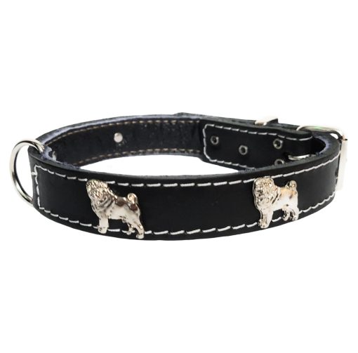 Black Leather Dog Collar with Pug