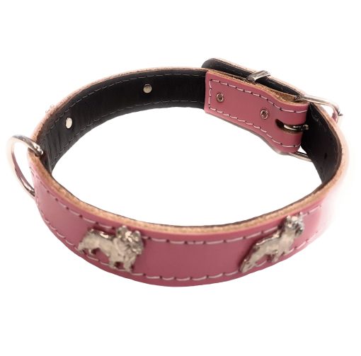 Deep Pink Leather Dog Collar with French Bulldog